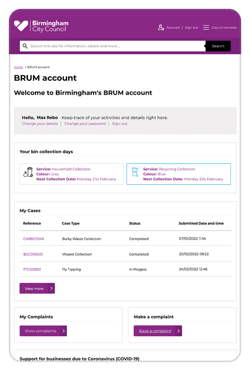 The BRUM account homepage displaying customer cases